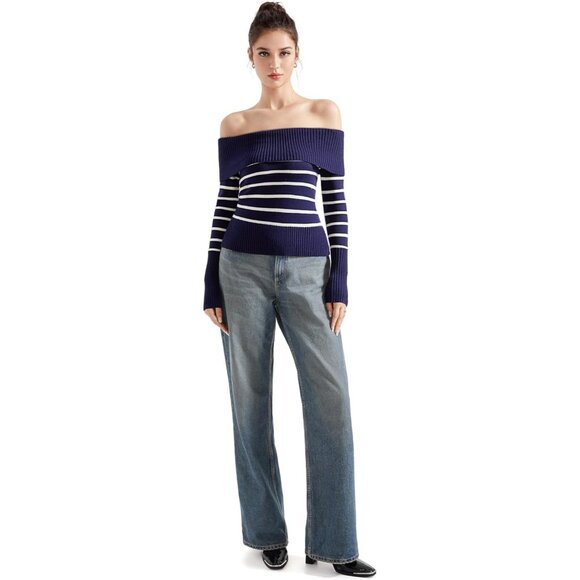 Women Blue White Off Shoulder Long Sleeve Tops Blouse Sweaters - Picture 5 of 7